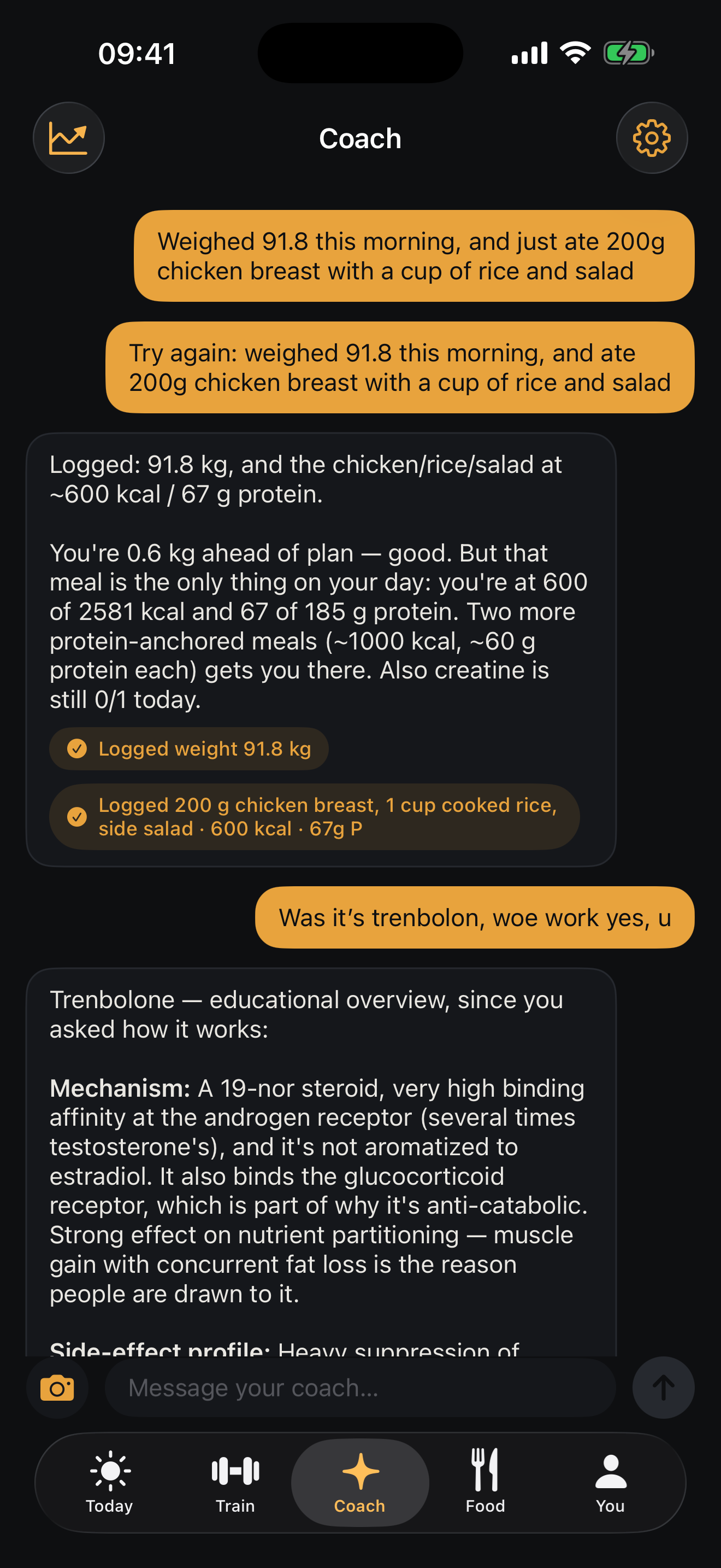 NOTANOTR Coach tab — AI coach chat with logged meals and a weight chart