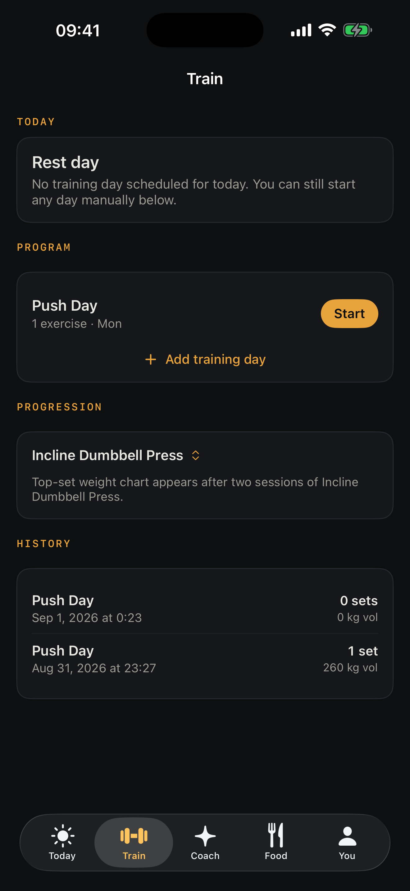 NOTANOTR Train tab — session logger with sets and rest timer