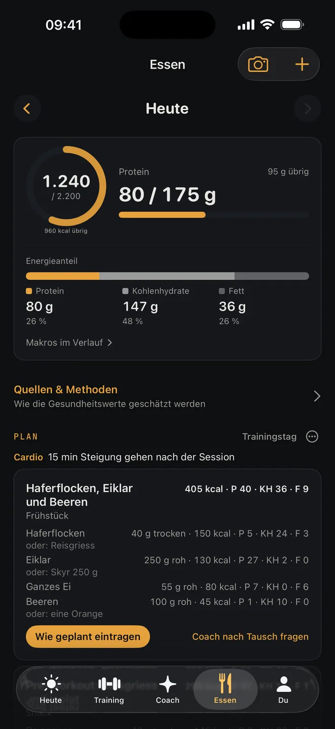 Essen: 1240 von 2200 kcal, Protein 80 von 175 g und der Plan des Tages