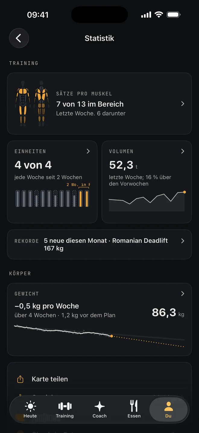 Statistik: Sätze pro Muskel, Einheiten, Volumen, Rekorde und der Gewichtstrend