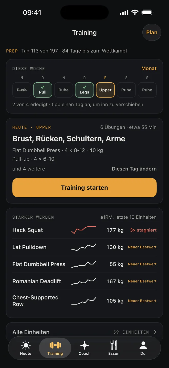 Training: diese Woche, das heutige Upper-Training und die Übungen, die stärker werden