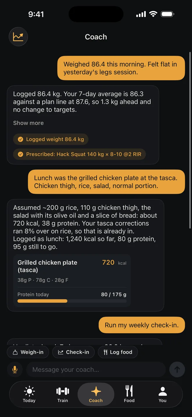 The coach logging lunch from one sentence in the sample file