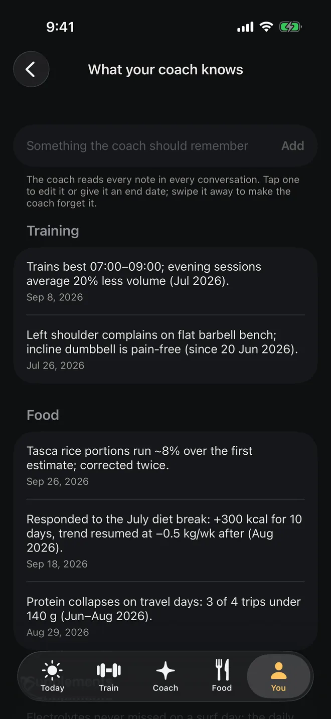What your coach knows: its notes about you by topic, each with its date
