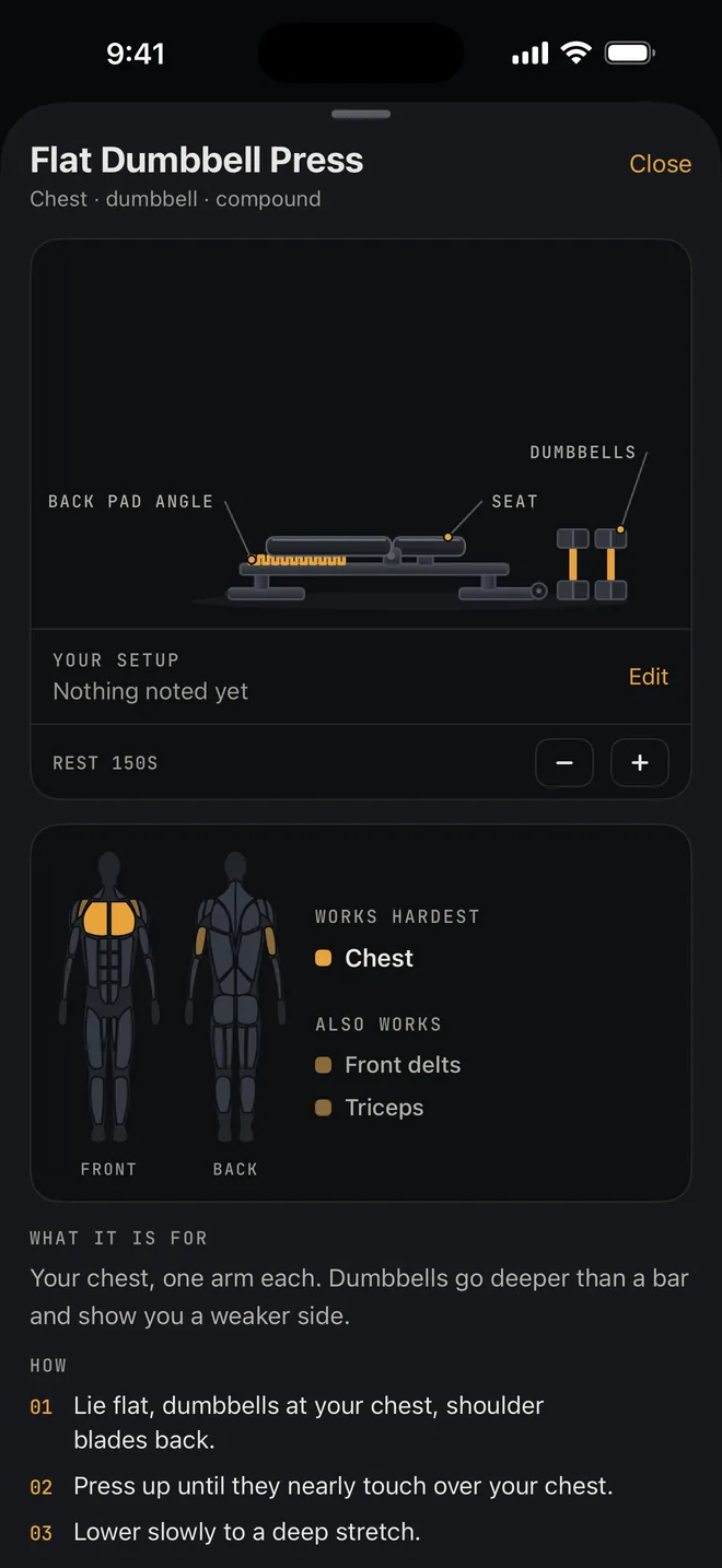An exercise card in the app: the bench drawn with its settings and the muscles it works