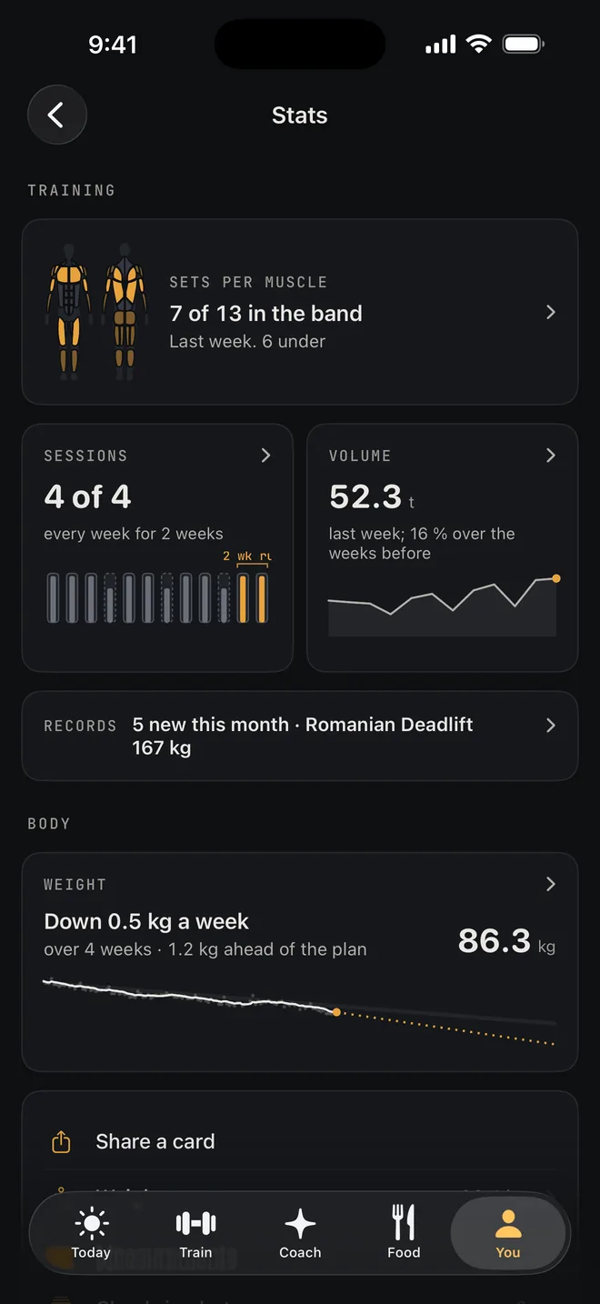 Stats in the app: sets per muscle, sessions, volume, records and the weight trend