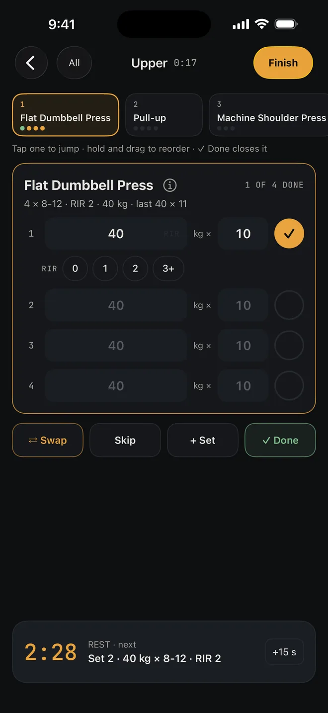 A live session: the first set ticked, RIR to pick, the rest timer with the next set